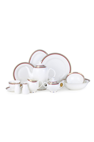 SHALLOW LUMA 47Pc Bone China Dinnerware Set, White & Red, Gold Rim|Perfect fo...