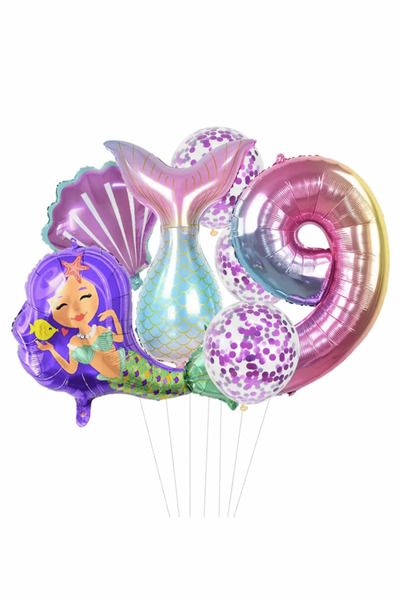 Bunloon Purple Color 9 Year Old Mermaid Themed 6 Piece Balloon Set
