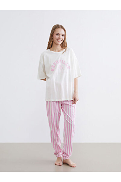 LC Waikiki Rmz Gi̇yi̇m Farkiyla Zero Roba Collar Printed Women's Pajama Set