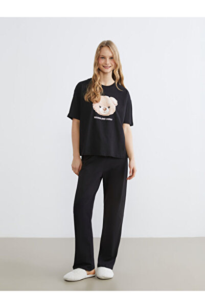 LC Waikiki Rmz Gi̇yi̇m Farkiyla Zero Roba Collar Bear Printed Women's Pajama Set