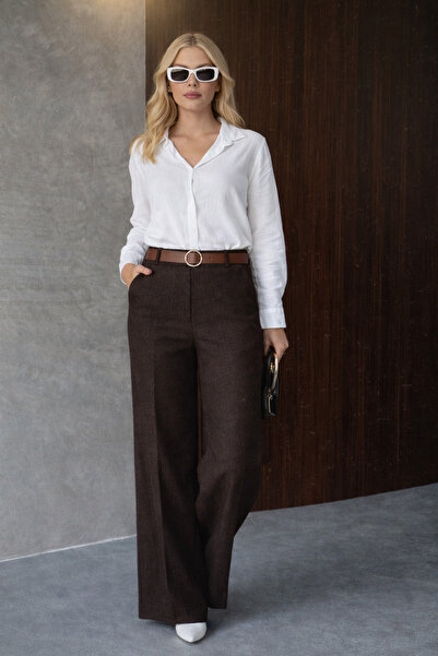 mor butik Women's Dark Brown Jacquard Fabric Trousers Ihs444