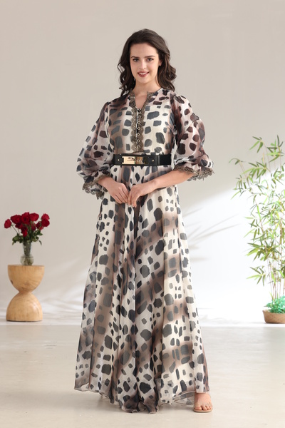 Verona Artistic print chiffon maxi dress with a wide Belt – elegant and moder...