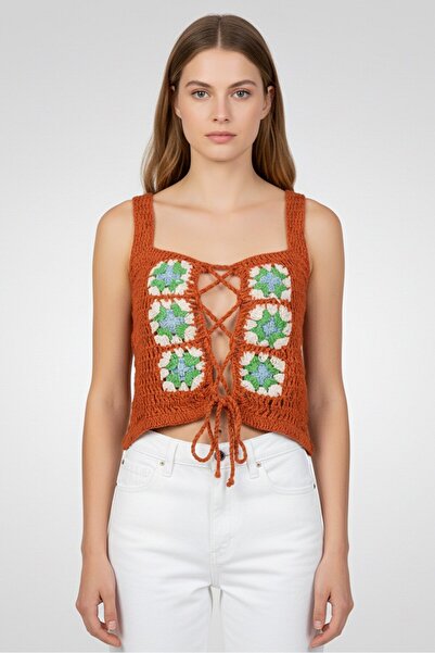 ASOS Design Women Square Neck Sleeveless Crochet Tank Top, Brown