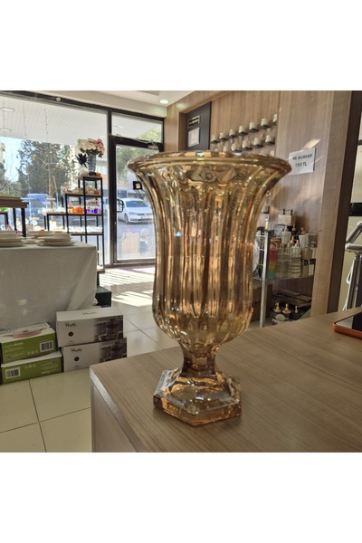 ERVA Ayaklı Bombeli Cam Vazo Gold 28x18 Cm