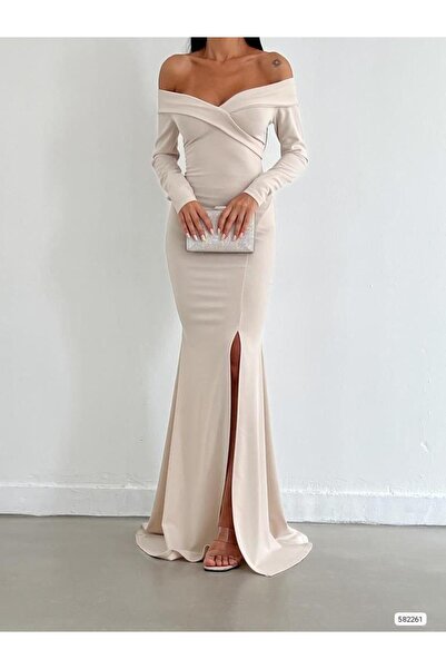 Modafeminen فستان سهرة وفستان تخرج بيج بياقة مادونا وفتحة عميقة وأكمام طويلة ...