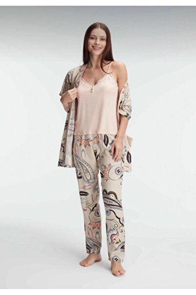 İpek Women's 3-Piece Dressing Gown Set with Rope Straps, Floral Pattern and L...