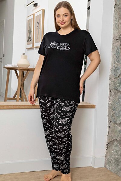 Aydoğan Women's Inci Large Size Short Sleeve Black Pajama Set 0056