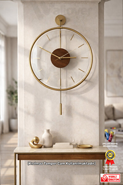 Wallover Design Messina Luxry Orta Boy Kırılmaz Camlı Sessiz Metal Duvar Saat...