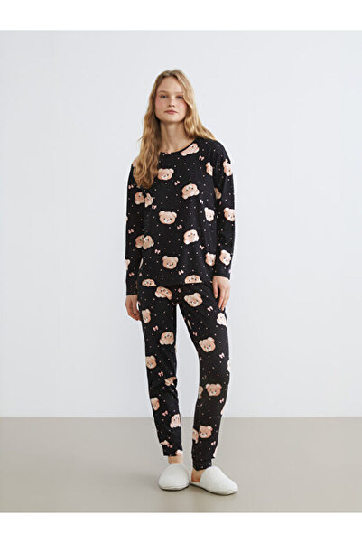 LC Waikiki Rmz Gi̇yi̇m Farkiyla Zero Roba Collar Bear Printed Women's Pajama Set