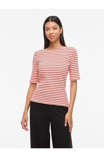 VILA Oberteil mit kurzen Ärmeln VILOPES U-Boot-Ausschnitt