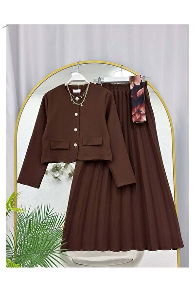 MY QILAM Women's Hijab Jacket Skirt Set Pleated Long Skirt Buttoned Stylish C...