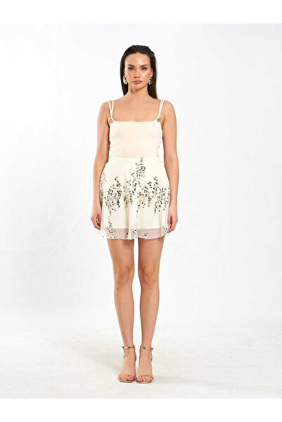 Coral Elastic Waist Sequined Sequin Skirt 041183 Ecru