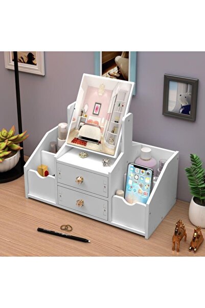 gaman منظم مكياج بمرآة - صندوق تخزين مستحضرات التجميل مع أدراج وأقسام