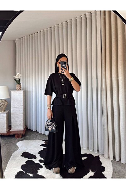 ALVOR Women's Belt Detailed Double Set - Double Sleeve Loose Blouse and Palaz...