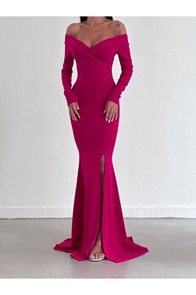 Modafeminen فستان سهرة وفستان تخرج بأكمام طويلة وياقة مادونا باللون الفوشيا و...