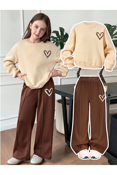Kids Beyaz Küçük Kalp Baskılı Kız Çocuk Çimalı Alt Üst Takım Kahverengi