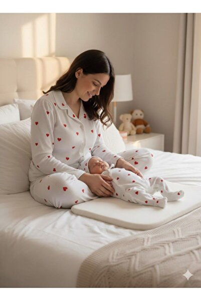 İpek Mother and Baby's First Matching Outfit Heart Pattern Mother's Long Slee...