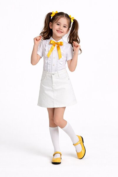 Nacar Kız Çocuk Fırfırlı Gömlek ve Keten Etek 23 Nisan Gösteri Kıyafeti