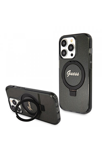 Guess MagSafe Case for Apple iPhone 15 Pro, Guess, IML Ring Stand Glitter, Black