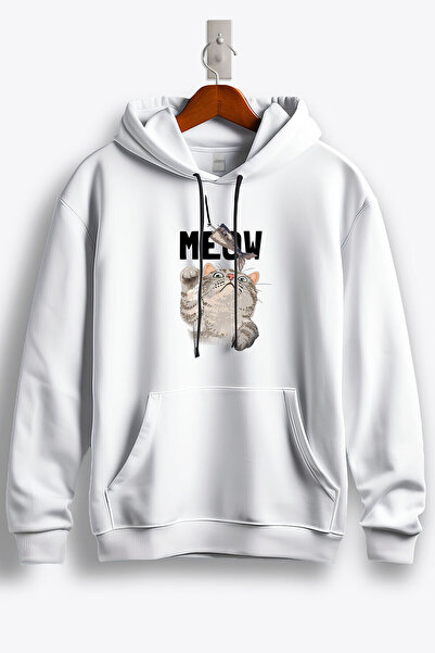 Balıkçı Kedi Meow Baskılı Regular Kapşonlu Sweatshirt