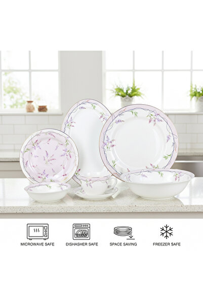 SHALLOW EIRA 32Pc Bone China Dinner Set, White, Pastel Floral Print|Perfect for 6 Persons