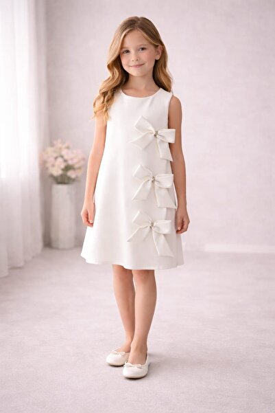 Tarz Çocuk Kız Çocuk Beyaz Fiyonklu Özel Gün Elbisesi – Kolsuz A Kesim Düğün ...