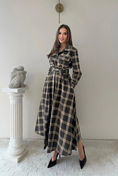 MOZENA Plaid Pattern Waist Belted Long Shirt Dress with Pockets
