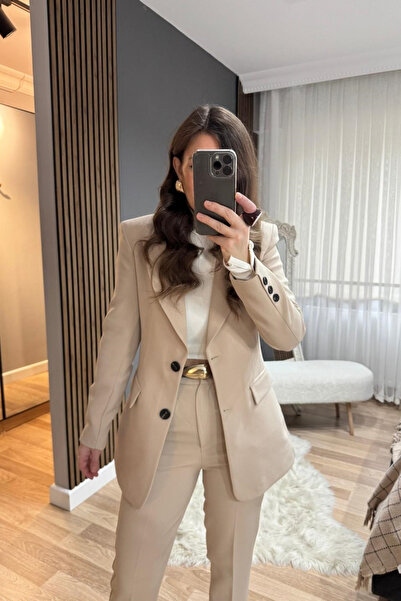 Banu Angay Belden Oturtmalı Astarlı Blazer Ceket Taş