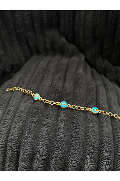 Mutluluk Kutunda Var Turquoise Bijouterie Chain Bracelet with Evil Eye Beads