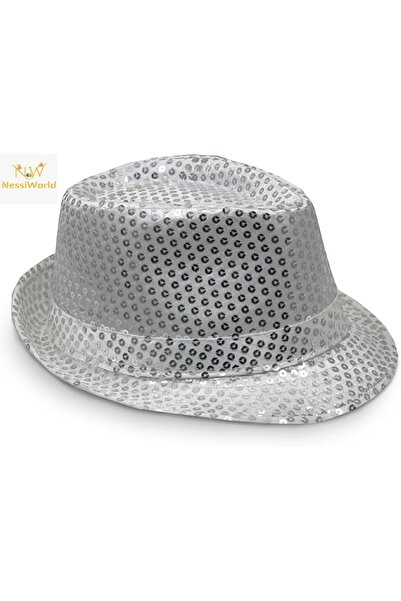 NW NessiWorld Disco Star Silver Sequined Fedora Hat Adult Size