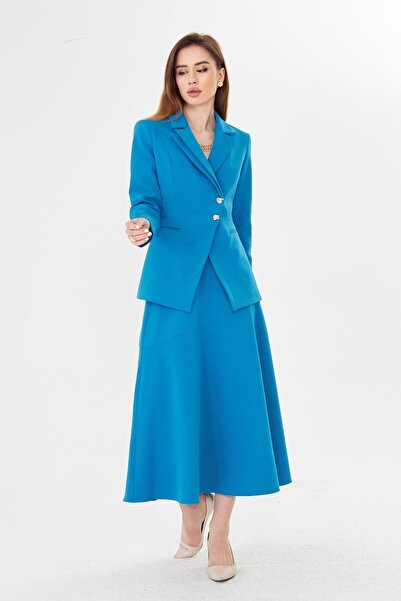 LOVELF Gold Düğmeli Çift Yaka Etekli Takım Çivit Mavi