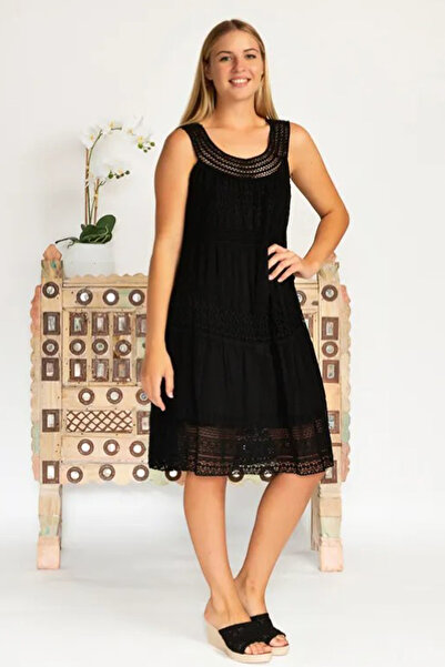 AYASOFYA OTANTIK Women's Italian Black Round Neck Lace Detailed Lined Sleevel...