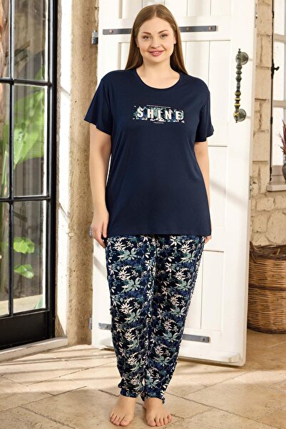 Aydoğan Women's Inci Large Size Short Sleeve Navy Blue Pajama Set 0142