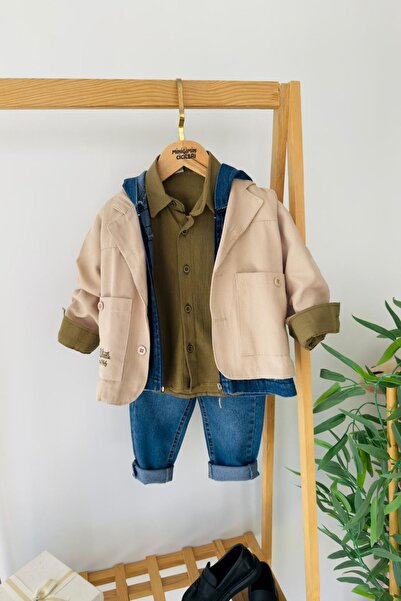 Minigimin Cicileri Set 4 piese pentru băieți cu vestă și jachetă din denim - Bej