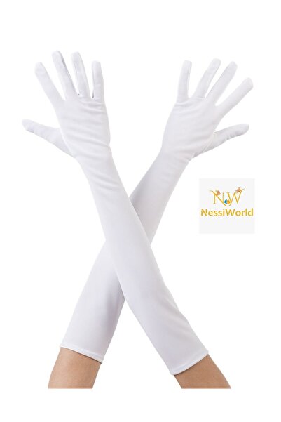 NW NessiWorld White Color Elbow Length Fabric Gloves 40 cm