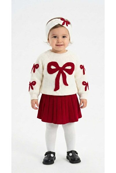 Günsantriko Kız Çocuk Fiyonklu Triko Kazaklı Etek Takımı