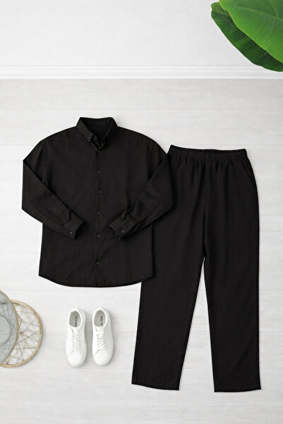 Gameyal Men's Black Linen Shirt and Trousers Set – Comfortable Fit with Elast...