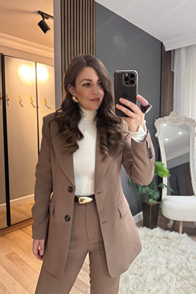Banu Angay Belden Oturtmalı Astarlı Blazer Ceket Açık Kahve