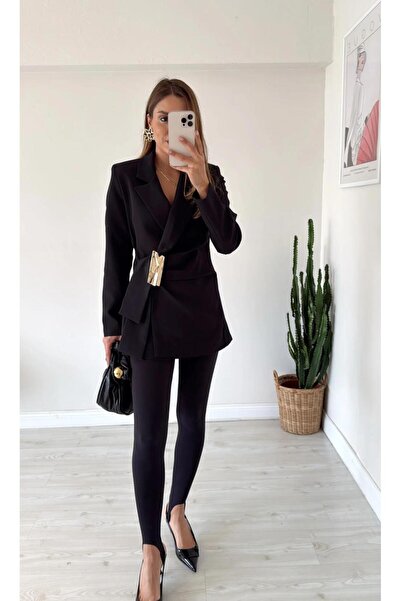 ALVOR Gold Aksesuarlı Kruvaze Bağlamalı Vatkalı Blazer Ceket Siyah