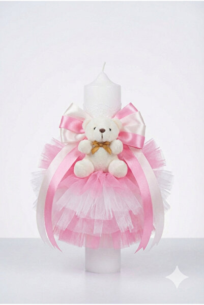 MASSIBEBE Elegant Baptism Candle with Plush Bear, Voluminous Tulle and Satin ...