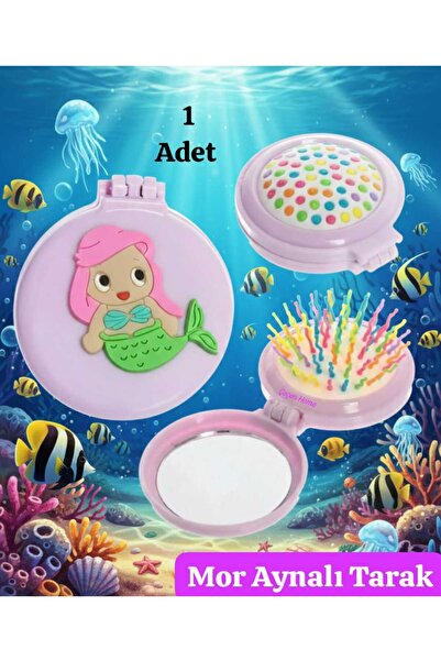 ÇEÇEN HOME (1 Adet) Mor Deniz Kızlı Cep Boy Aynalı Tarak, Cep Aynası, Cep Tar...