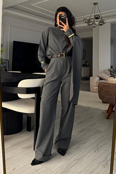 ALVOR Women's Cuffed Sleeve Collar Shawl Shirt and Pants Matching Set