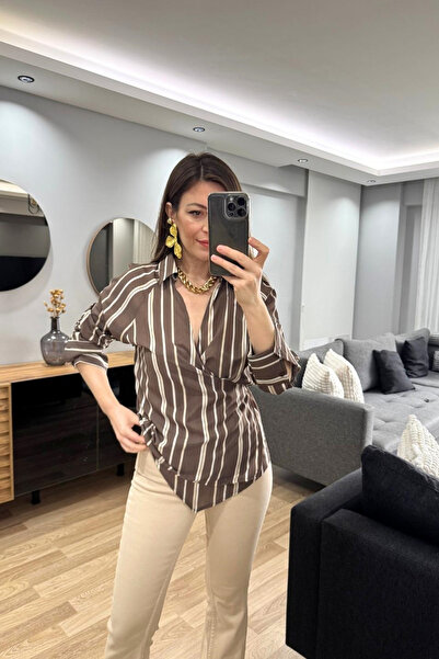 Banu Angay Mocha Li̇ne Tie-Detail Double-Breasted Shirt Brown