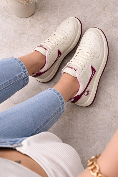 Babetty Women's Sneaker Sports Shoes Beige Claret Red Cherry Detailed Embroid...