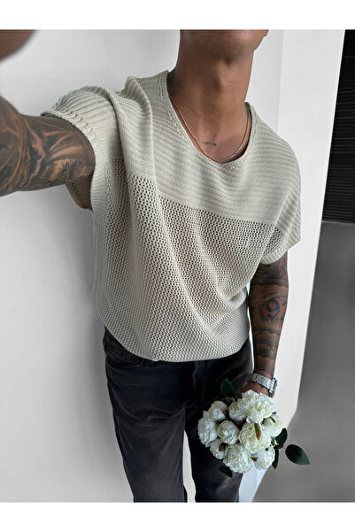elkumoda Men's Mesh Textured Knitted Oversize T-Shirt Crew Neck Perforated Su...