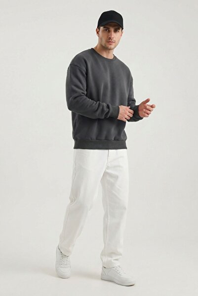 milidia Men's Cotton Oversize Basic Cool Comfort Crew Neck Sweatshirt Smoked