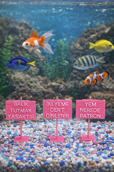 3D Akvaryum Esprili Tabela Seti 3'lü - Pembe Dekoratif Balık Aksesuarı (7x5 cm)