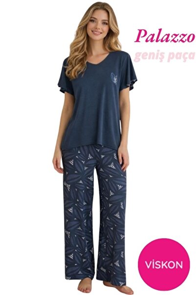 bie's Women's Buttonless Wide Collar Viscose Short Sleeve Palazzo Pajama Set-...