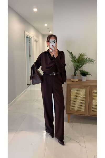 ALVOR Women's Cuffed Sleeve Collar Shawl Shirt and Pants Matching Set