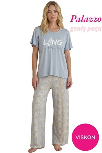 bie's Women's Buttonless Wide Collar Viscose Short Sleeve Palazzo Pajama Set-...